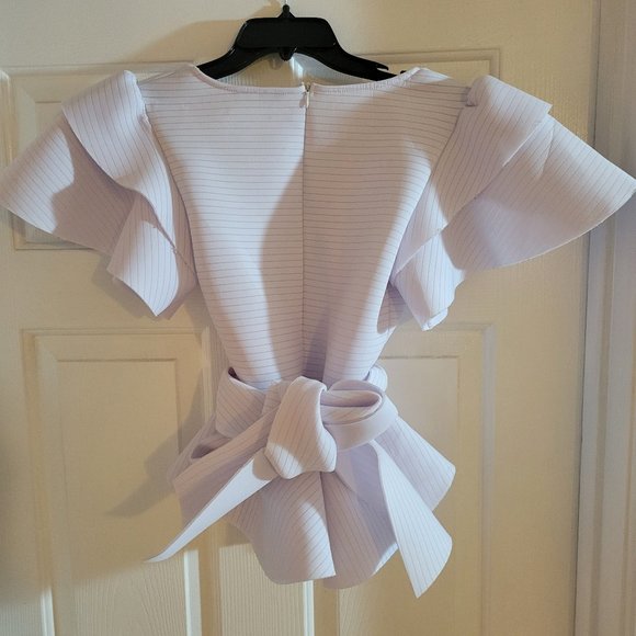 Shein White Top XS Stripe Short Sleeve Avant Garde Peplum Foam Womens - Picture 7 of 8